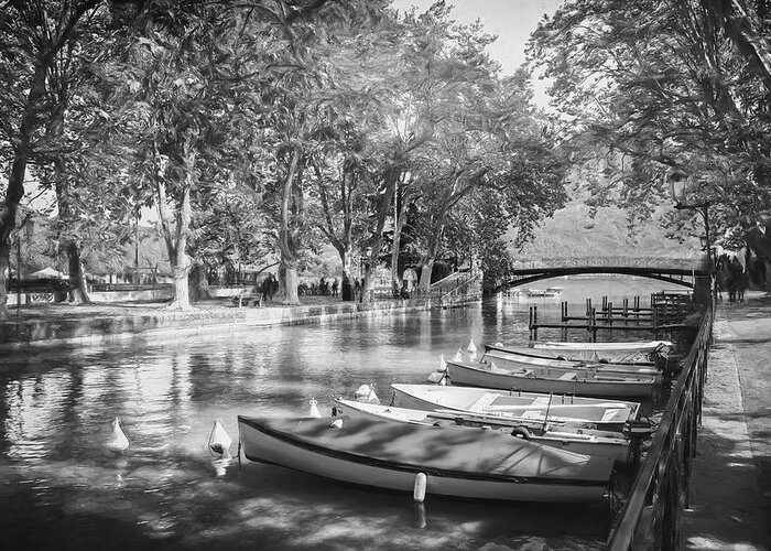 Annecy Greeting Card featuring the photograph European Canal Scenes Annecy France Black and White by Carol Japp