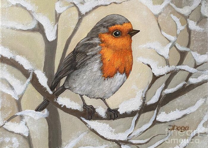 Robin Greeting Card featuring the painting European robin, winter by Inese Poga