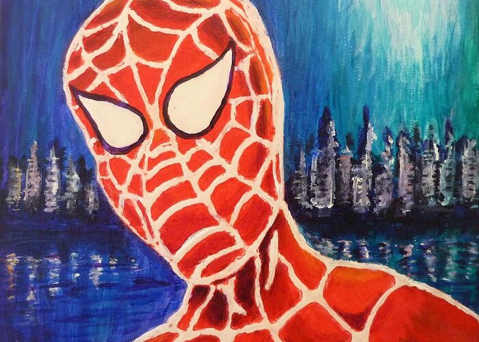 Spiderman Greeting Card featuring the painting Even Spiders Wear Masks by Amelie Simmons