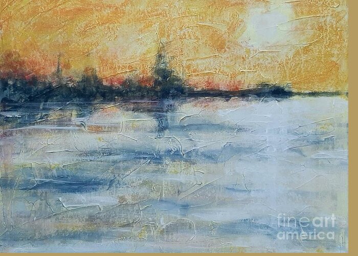 Water Abstract Impressionist Land Sun Sky Trees Hills Black White Orange Yellow Blue Reflection Shadows Texture Marks Greeting Card featuring the painting Evening by Ida Eriksen