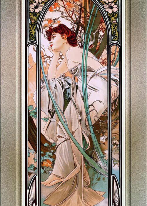 Evening Reverie Greeting Card featuring the painting Evening Reverie by Alphonse Mucha Remastered Xzendor7 Retro Art Reproductions by Xzendor7