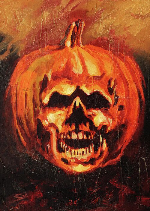 Halloween Greeting Card featuring the painting Evil Pumpkin Halloween II by Sv Bell