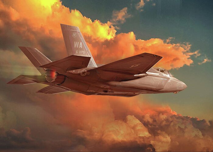 Military Greeting Card featuring the photograph F-35 sunset by James Vaughan