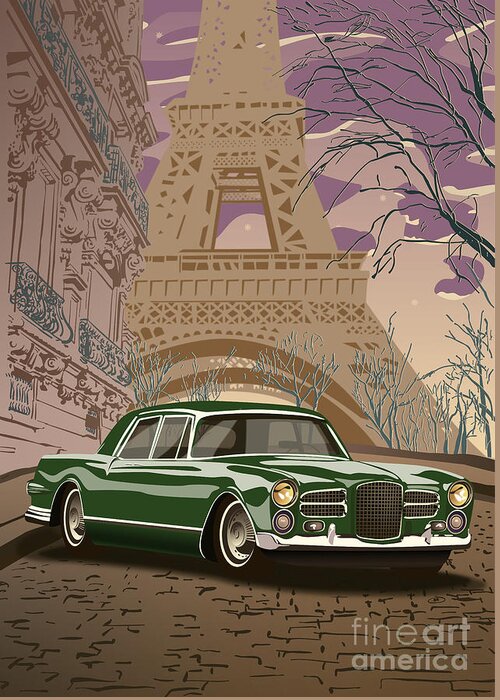 Art Deco Greeting Card featuring the digital art Facel Vega - Paris est a nous. Classic Car Art Deco Style Poster Print Green Edition by Moospeed Art