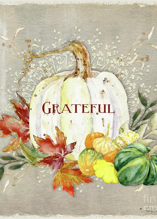 Watercolor Greeting Card featuring the painting Fall Autumn Grateful Harvest White Pumpkin and Leaves by Audrey Jeanne Roberts