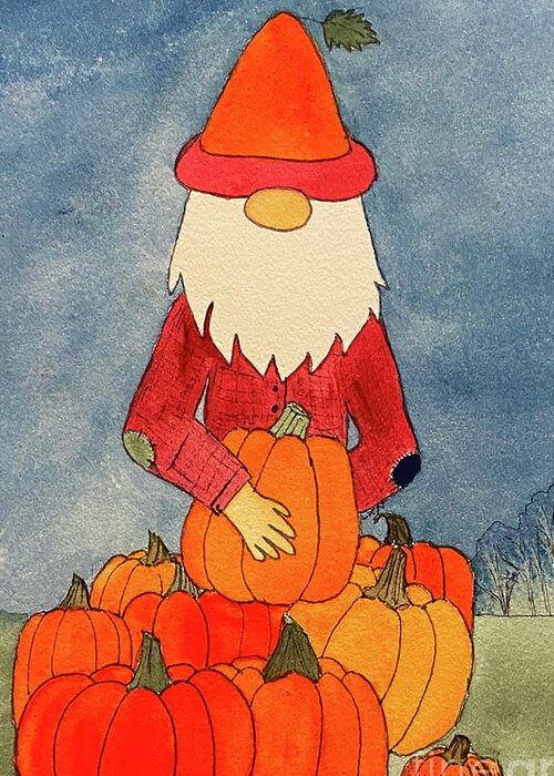 Fall Greeting Card featuring the mixed media Fall Gnome with Pumpkins by Lisa Neuman