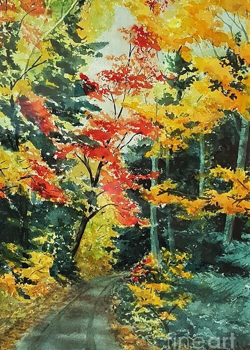 Landscape Greeting Card featuring the painting Fall Walk by Petra Burgmann
