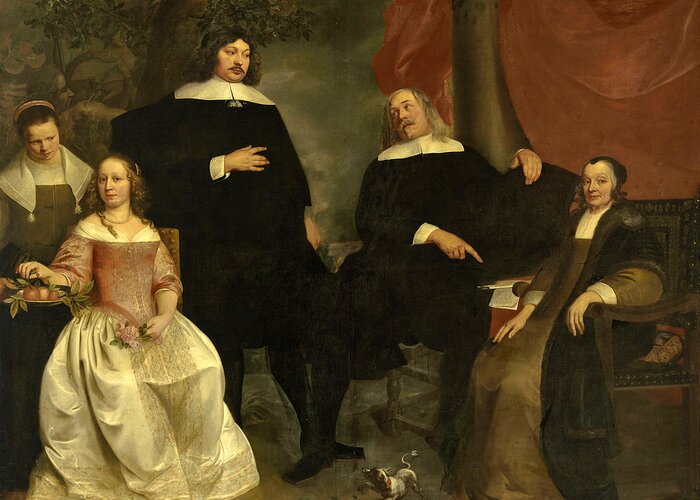 Pieter Thijs Greeting Card featuring the painting Family portrait with the signing of a marriage contract  by Pieter Thijs