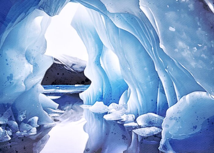 Watercolour Greeting Card featuring the digital art Fantasy digital watercolour of a blue ice cave with reflection in calm waters. Frozen cavern with opening to a snowy winter landscape by Jane Rix