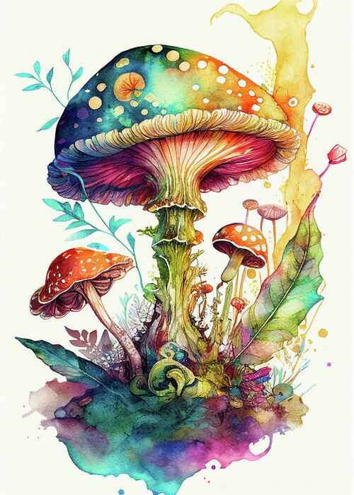Mushroom Greeting Card featuring the digital art Fantasy Mushroom Art 02 Watercolor by Matthias Hauser