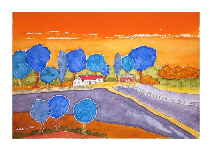 Watercolor Greeting Card featuring the painting Faraway Farm by John Klobucher