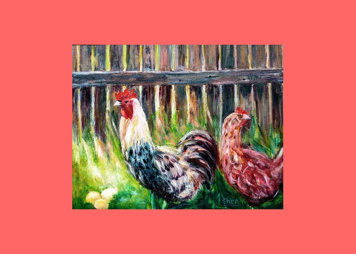 Art - Acrylic Greeting Card featuring the painting Farm Yard Chicken - Acrylic Art by Sher Nasser