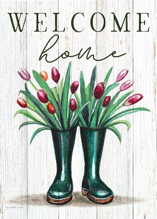 Welcome Greeting Card featuring the painting Farmhouse Rain boots and Tulips by Elizabeth Robinette Tyndall