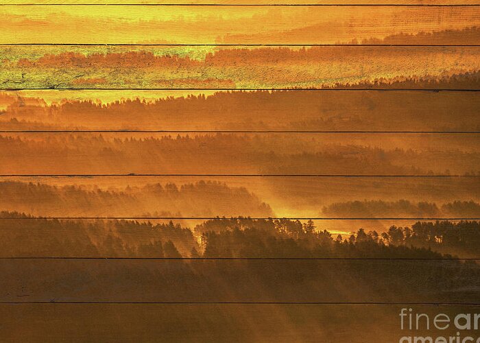 Sunset Greeting Card featuring the photograph Faux Wood Golden Mist Valley - Hills and Mountain Range Rustic Landscape Photo by PIPA Fine Art - Simply Solid
