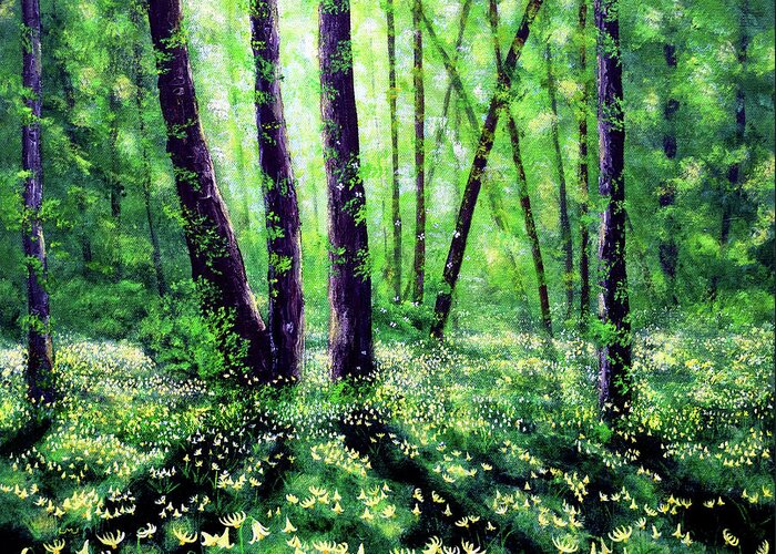 Fawn Lilies Greeting Card featuring the painting Fawn Lilies in Dappled Sunlight by Laura Iverson