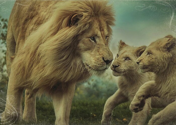 Lion Greeting Card featuring the photograph Fearless Father Texture Version by Carrie Ann Grippo-Pike