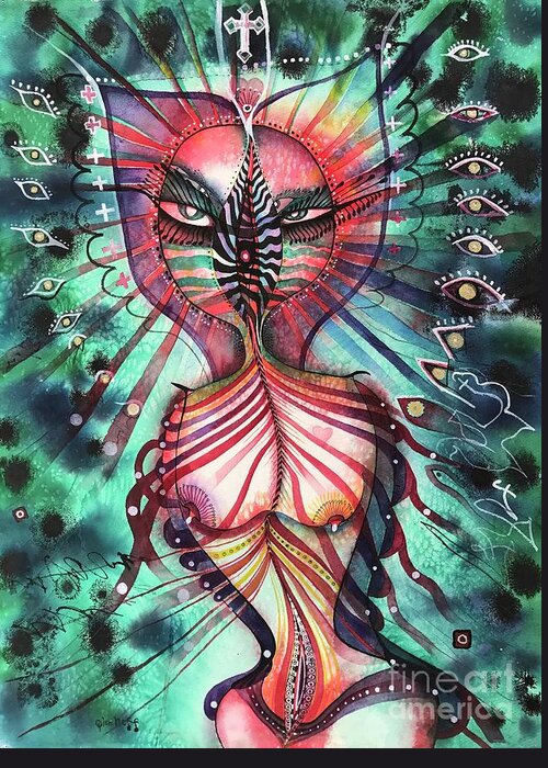 #felinegalaxygoddess #watercolor #painting #iconseries #fantasyart #alienart #symbolicart #cosmicart Greeting Card featuring the painting Feline Galaxy Goddess by Glen Neff