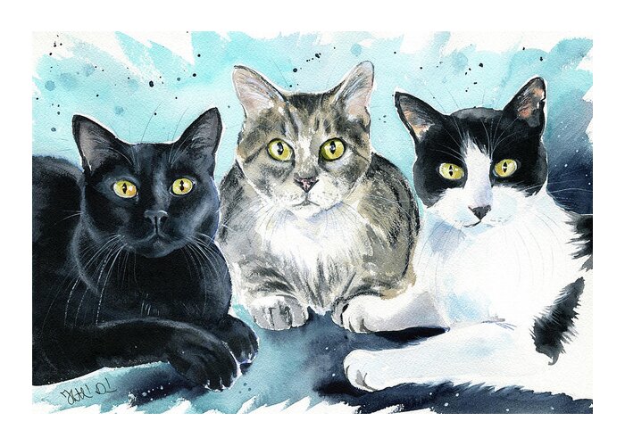 Cats Greeting Card featuring the painting Felix, Dinho And Tuco Cat Painting by Dora Hathazi Mendes