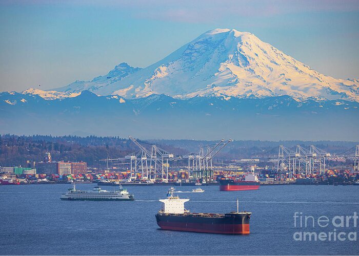 America Greeting Card featuring the photograph Ferries and ships in Seattle harbor by Inge Johnsson