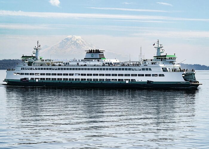Ferry Greeting Card featuring the photograph Ferry passes Mt. Rainier by Jerry Cahill
