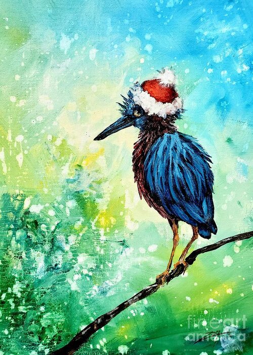Heron Greeting Card featuring the painting Festive Winter Heron by Zan Savage