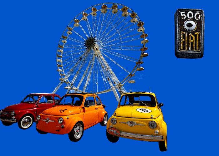 Fiat 500 Greeting Card featuring the photograph Fiat 500 and big wheel by Worldwide Photography