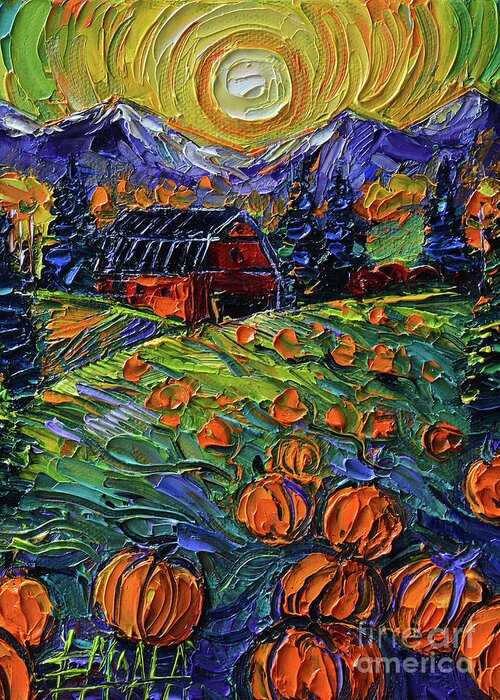 Field Of Pumpkins Greeting Card featuring the painting FIELD OF PUMPKINS - Detail - commissioned oil painting by Mona Edulesco