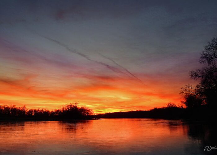 Sunset Greeting Card featuring the photograph Fiery Sunset on the River by Rod Seel