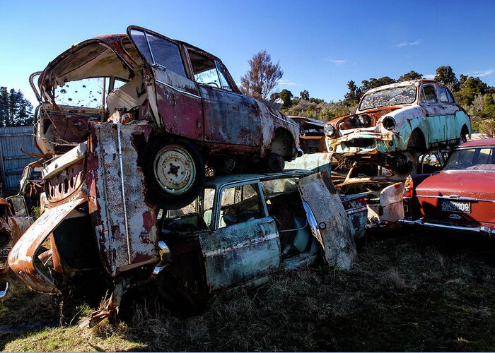 Wrecking Yard Greeting Card featuring the photograph The Junkyard Kings - Smash Palace. North Island, New Zealand by Earth And Spirit