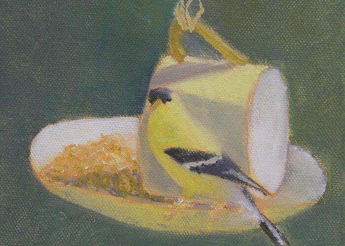 Yellow Finch Birds Greeting Card featuring the painting Finch Tea Cup by Scott W White