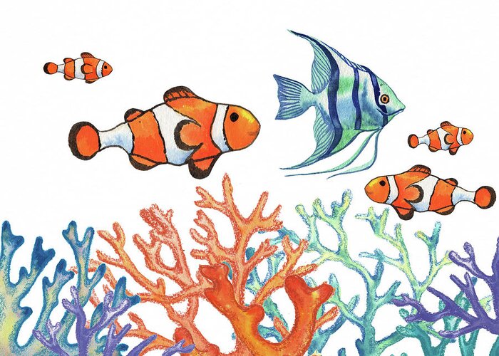 Find Nemo Happy Clownfish and Angel Fish In Corals Watercolor Greeting Card  by Irina Sztukowski