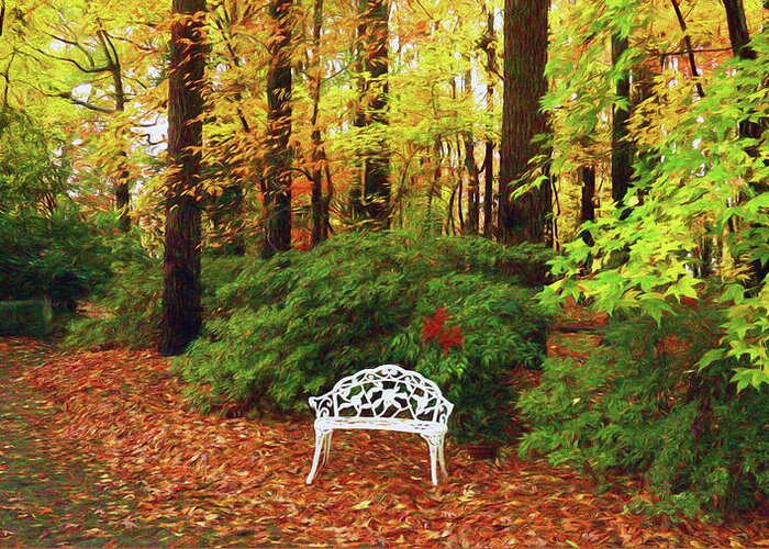 Bench Greeting Card featuring the photograph Find Your Peace in Autumn on a Bench by Ola Allen