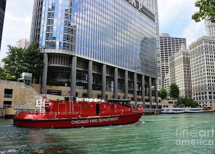 Fireboat Greeting Card featuring the photograph Fire Department Boat On Chicago River by Christiane Schulze Art And Photography