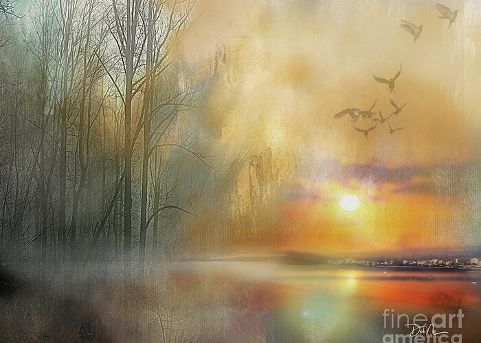 Landscape Greeting Card featuring the digital art Fire on the Water by Deb Nakano