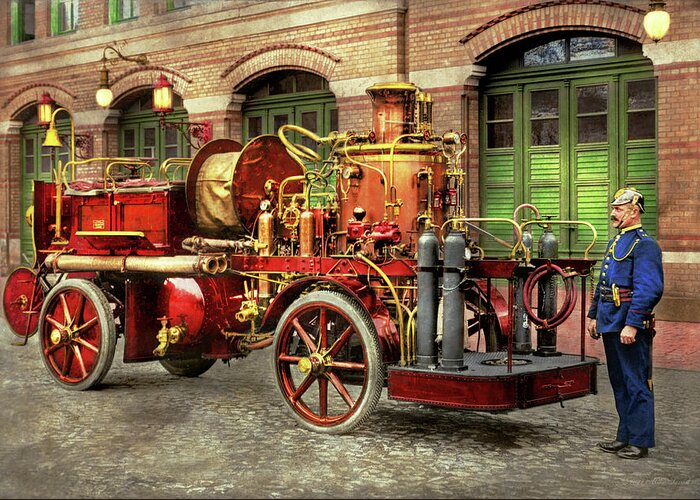 Fireman Art Greeting Card featuring the photograph Fire Truck - An electric pump truck 1907 by Mike Savad