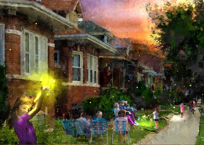Fireflies Greeting Card featuring the painting Fireflies On A Summer Night 1960 Chicago by Glenn Galen