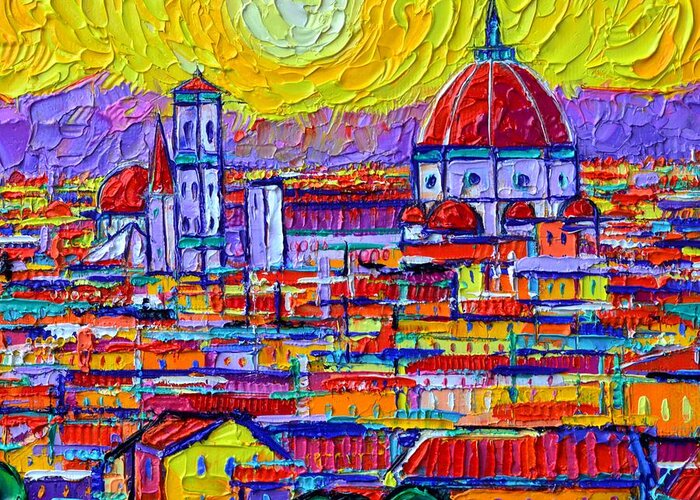 Abstract Cityscape Greeting Card featuring the painting FIRENZE ABSTRACT ROOFTOPS AT SUNSET textural impasto palette knife oil painting Ana Maria Edulescu by Ana Maria Edulescu