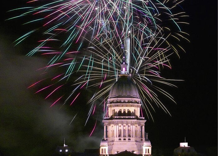 Illinois Greeting Card featuring the photograph Fireworks at Illinois State Capital Springfield by Kimberly Blom-Roemer