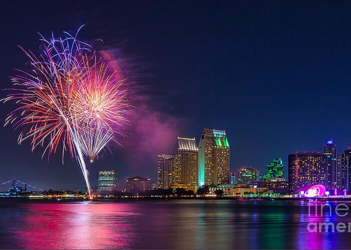 Festival Greeting Card featuring the photograph Fireworks over the downtown San Diego skyline by Sam Antonio