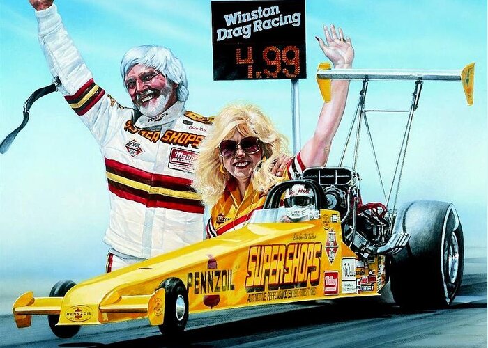 Drag Racing Nhra Top Fuel Funny Car John Force Kenny Youngblood Nitro Champion March Meet Images Image Race Track Fuel Eddie Hill Ercie Greeting Card featuring the painting First In The Fours by Kenny Youngblood