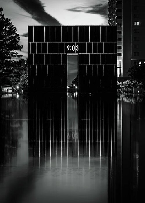 Oklahoma Greeting Card featuring the photograph First Moment of Recovery Oklahoma City Memorial Night BW by Joan Carroll