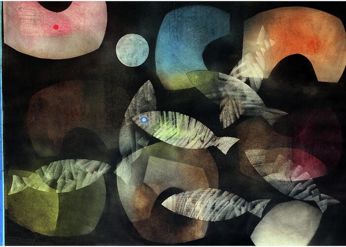 Abstract Greeting Card featuring the painting Fish Moon by Winston Saoli 1950-1995