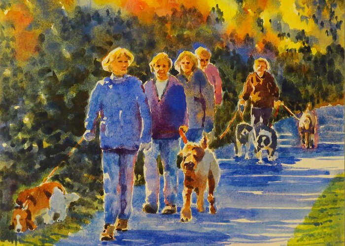 Fall Greeting Card featuring the painting Five Dog Walkers by David Gilmore