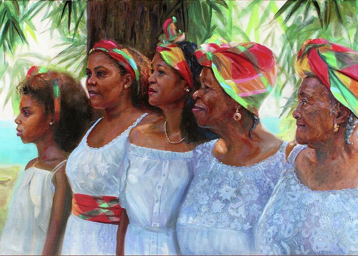 Women Greeting Card featuring the painting Five Generations by Jonathan Guy-Gladding JAG
