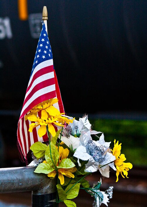 American Flag Greeting Card featuring the photograph Flag, Flowers, and Freight Train by Steve Ember