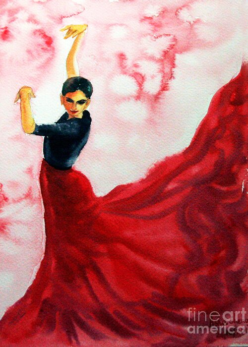 Flamenco Dancer Greeting Card featuring the painting Flamenco red by Asha Sudhaker Shenoy