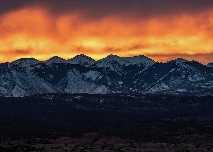  Greeting Card featuring the photograph Flaming La Sal Sunrise by Kelly VanDellen