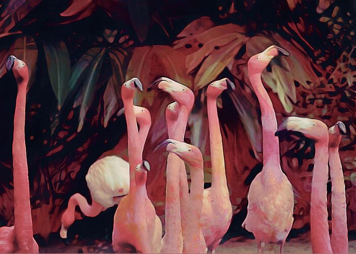 Flamingo Shindig Greeting Card featuring the mixed media Flamingo Shindig by Susan Maxwell Schmidt
