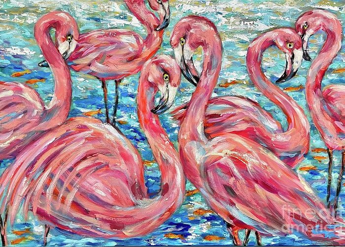 Island Greeting Card featuring the painting Flamingoes and Goldfish by Linda Olsen