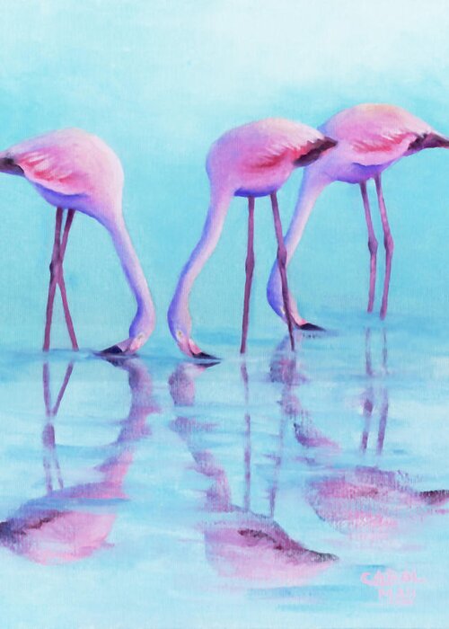 Bird Greeting Card featuring the painting Flamingos Feeding by Art by Carol May